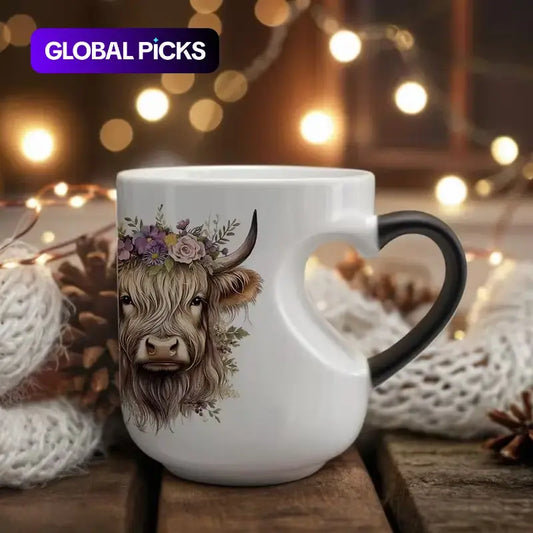 Highland Cow Magical Mug with Heart-Shaped Handle & Scottish Cow Design