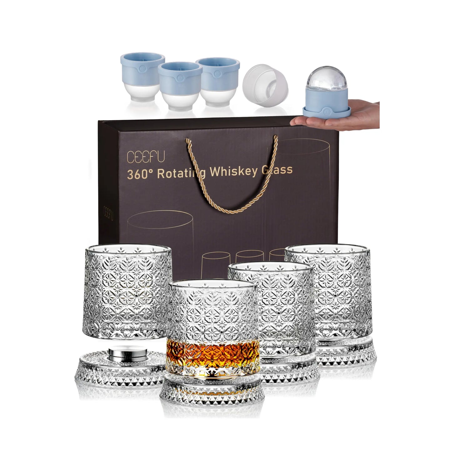 🥃4-Pack Rotating Crystal Whiskey Glasses with4 Ice Ball Molds & Gift Box