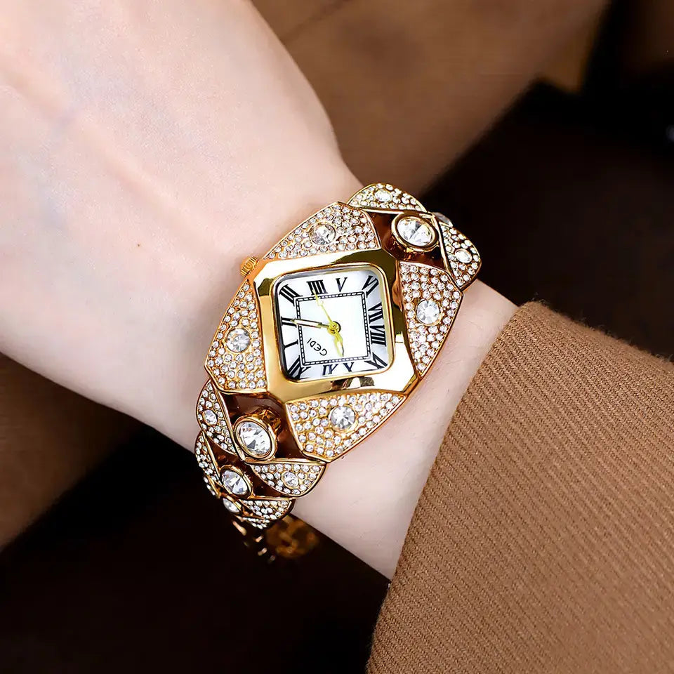 Luxury Full Diamond Bangle Bracelet Watch Women's Fashion Stainless Steel Quartz Wristwatch 30M Waterproof Elegant Stylish Unique Gift for Wife Bling Jewelry
