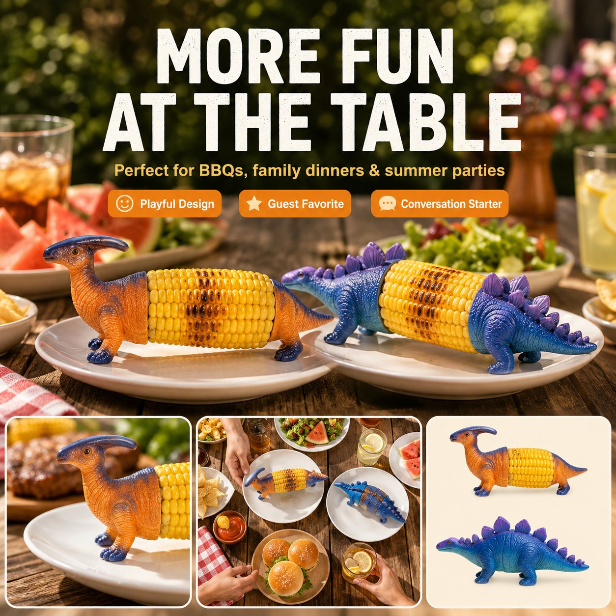 🦖🍗Dinosaur Corn Holders for Corn On The Cob - Funny Corn Cob Holder for Kids and Adults with Stainless Steel Prongs