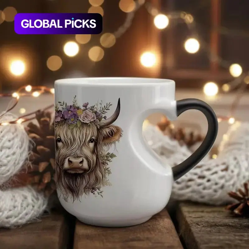 Highland Cow Magical Mug with Heart-Shaped Handle & Scottish Cow Design