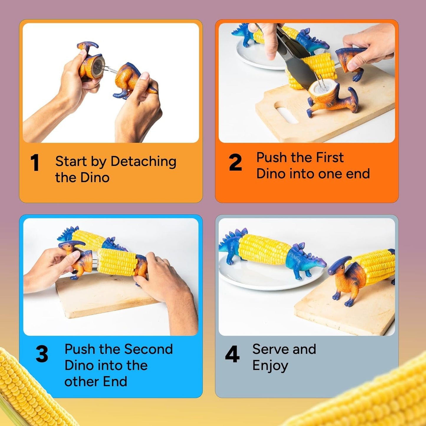 🦖🍗Dinosaur Corn Holders for Corn On The Cob - Funny Corn Cob Holder for Kids and Adults with Stainless Steel Prongs