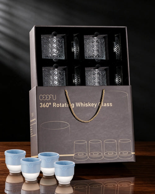 🥃4-Pack Rotating Crystal Whiskey Glasses with4 Ice Ball Molds & Gift Box