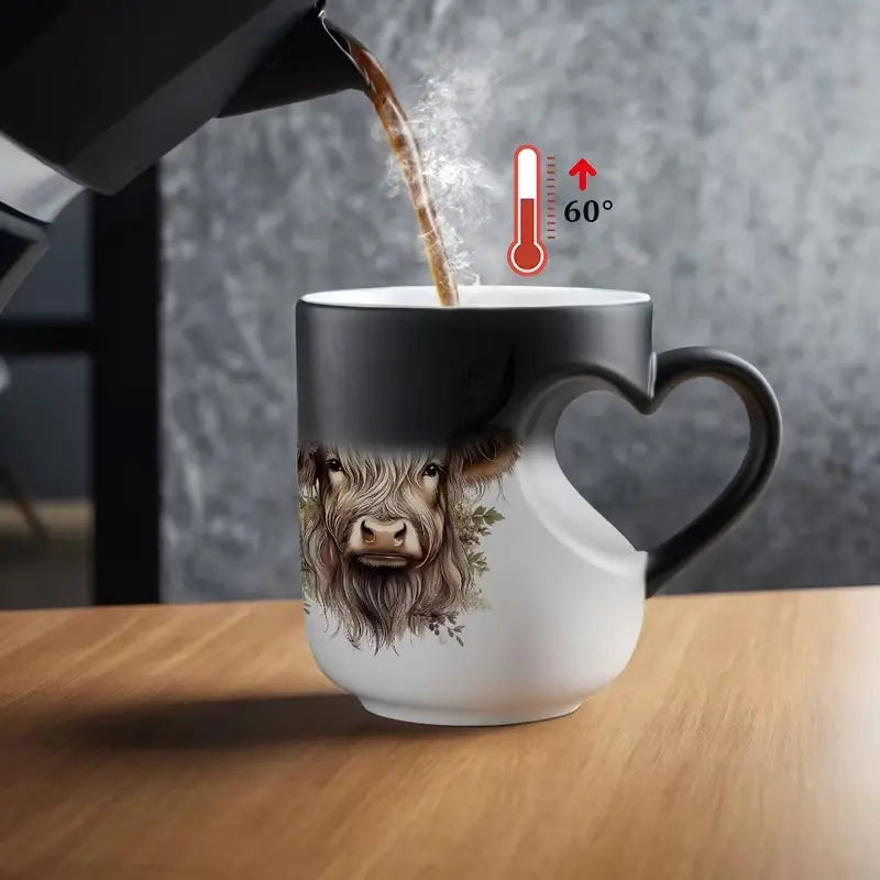 Highland Cow Magical Mug with Heart-Shaped Handle & Scottish Cow Design
