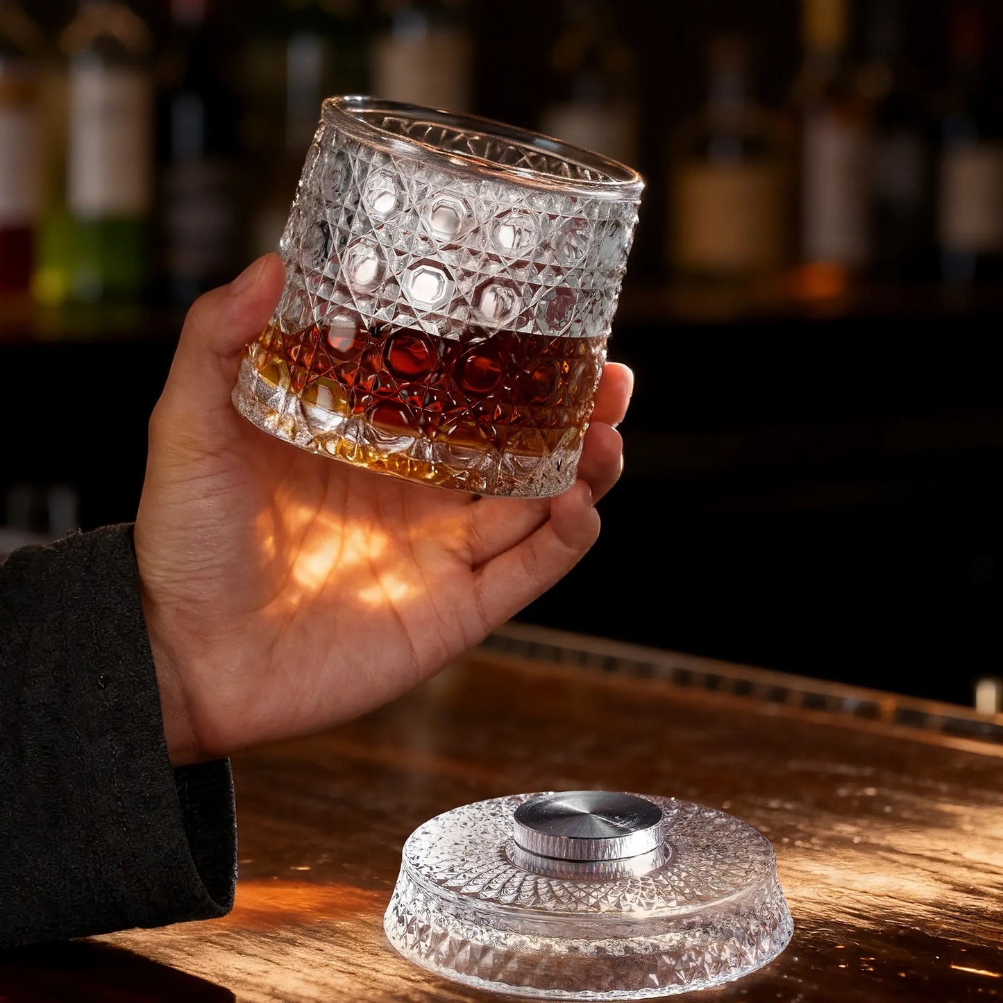 🥃4-Pack Rotating Crystal Whiskey Glasses with4 Ice Ball Molds & Gift Box