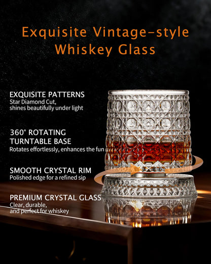 🥃4-Pack Rotating Crystal Whiskey Glasses with4 Ice Ball Molds & Gift Box
