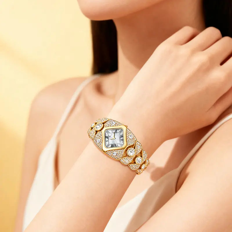 Luxury Full Diamond Bangle Bracelet Watch Women's Fashion Stainless Steel Quartz Wristwatch 30M Waterproof Elegant Stylish Unique Gift for Wife Bling Jewelry