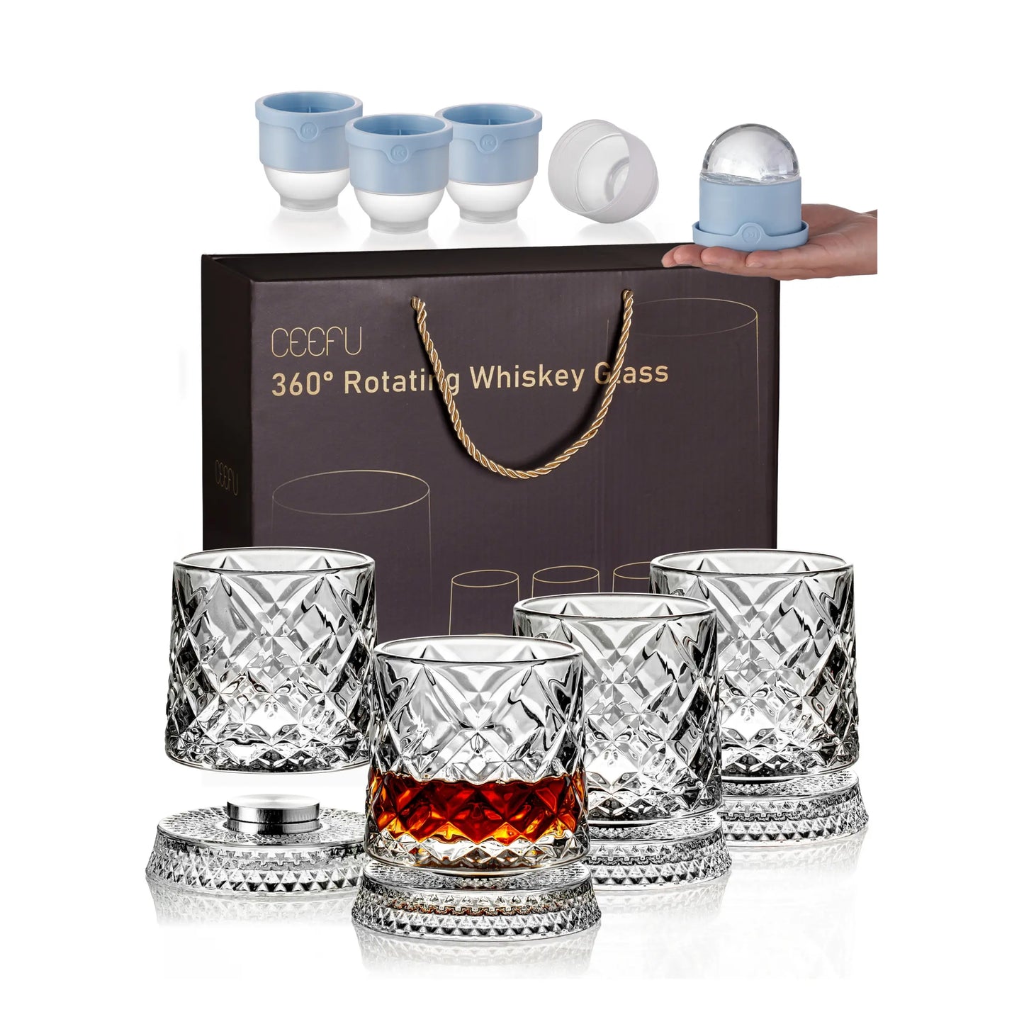 🥃4-Pack Rotating Crystal Whiskey Glasses with4 Ice Ball Molds & Gift Box