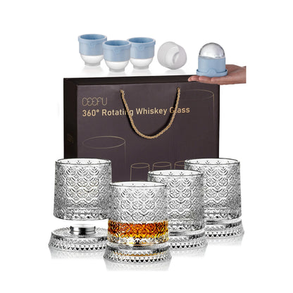 🥃4-Pack Rotating Crystal Whiskey Glasses with4 Ice Ball Molds & Gift Box