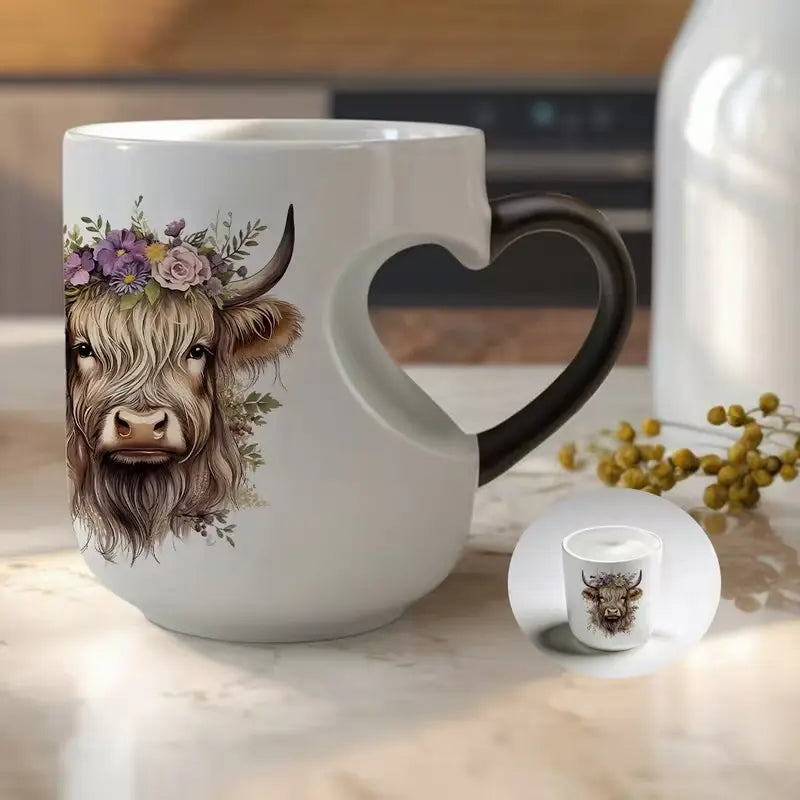 Highland Cow Magical Mug with Heart-Shaped Handle & Scottish Cow Design