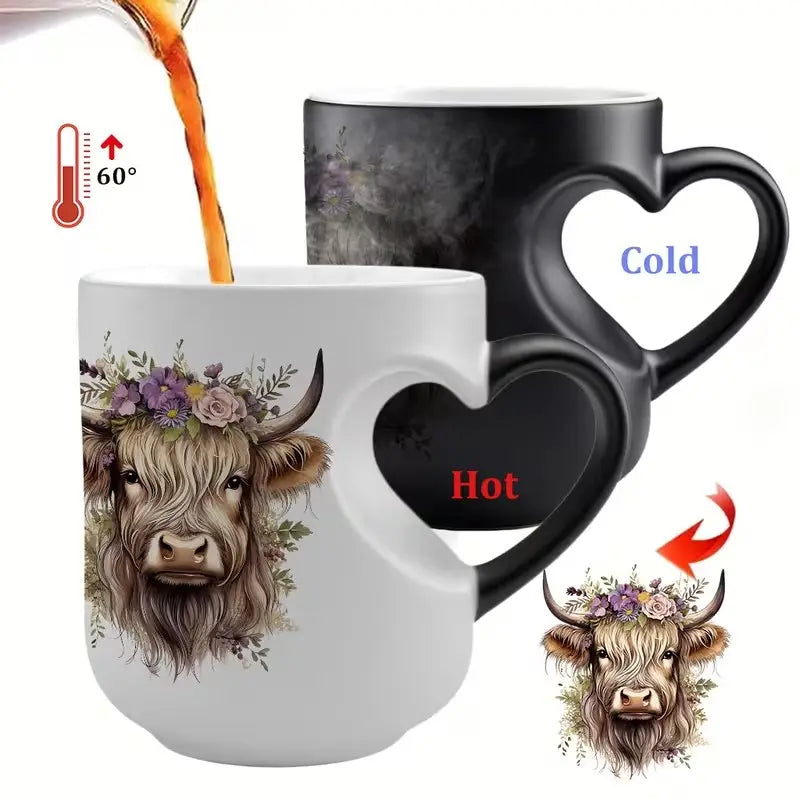 Highland Cow Magical Mug with Heart-Shaped Handle & Scottish Cow Design