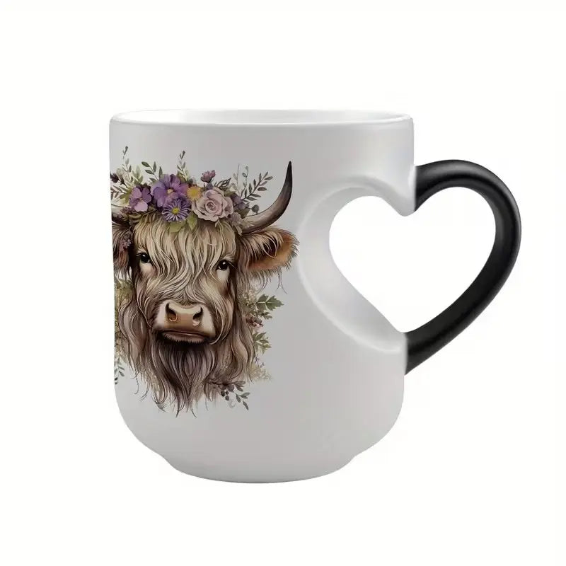 Highland Cow Magical Mug with Heart-Shaped Handle & Scottish Cow Design