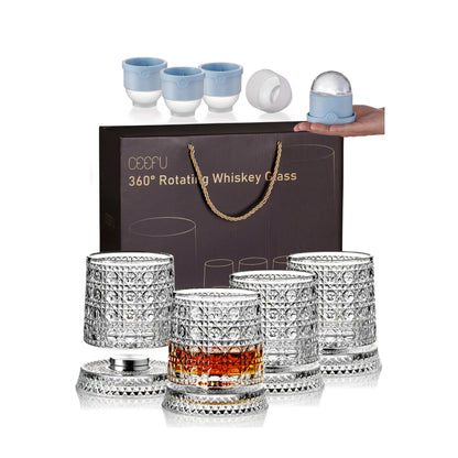 🥃4-Pack Rotating Crystal Whiskey Glasses with4 Ice Ball Molds & Gift Box