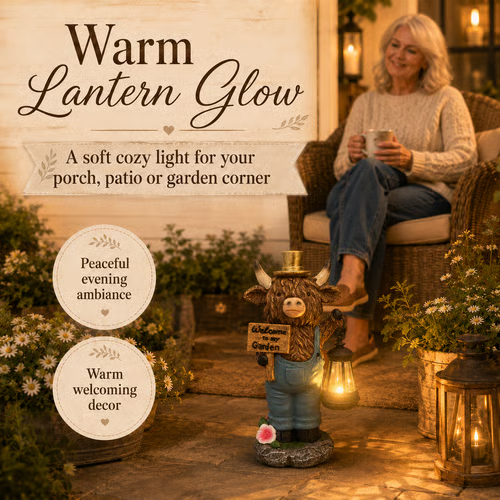 🐂Handcrafted Highland Cow Solar Garden Lantern Statue