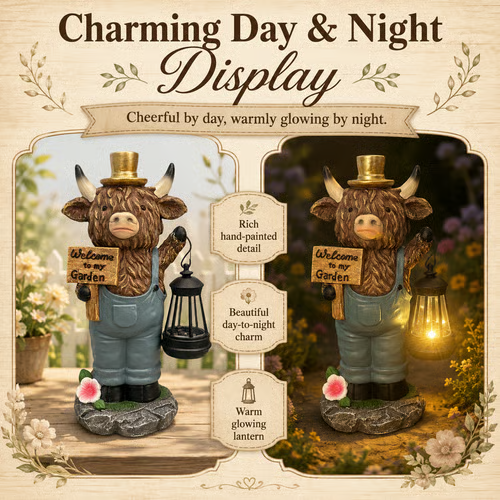 🐂Handcrafted Highland Cow Solar Garden Lantern Statue